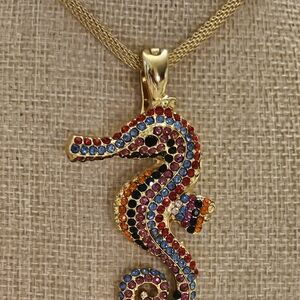 RMN Roman Seahorse Pendant Necklace Gold Tone Multicolor Rhinestone Statement
